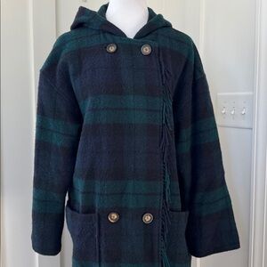 Vintage LL Bean Blue Green Plaid Long Wool Coat Size L